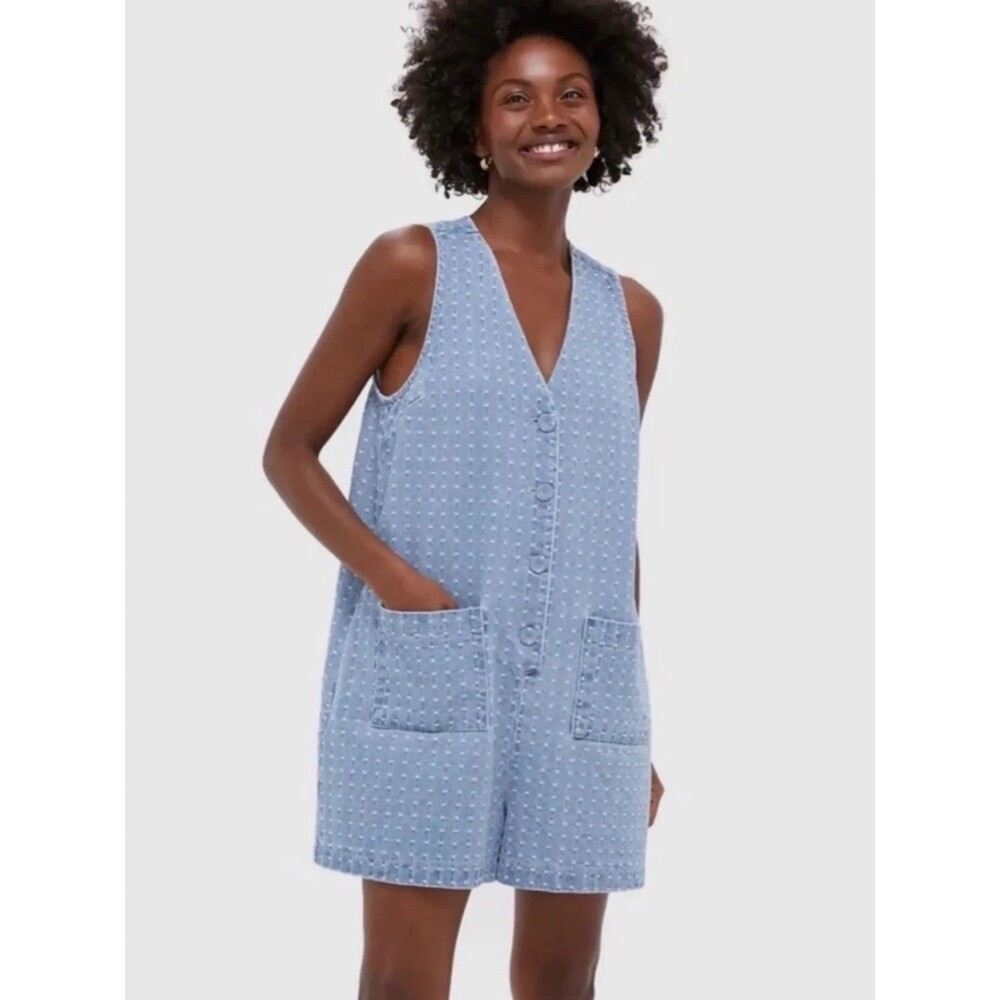 Tuckernuck Myla Denim Dot Romper Size Medium Light Wash Blue Sleeveless